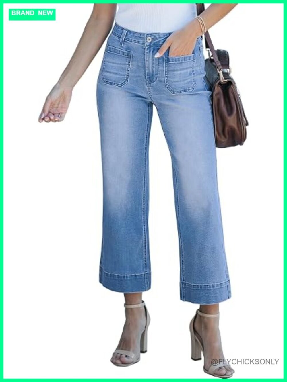 High Waisted Wide Leg Flare Cropped Jeans with Patch Pockets